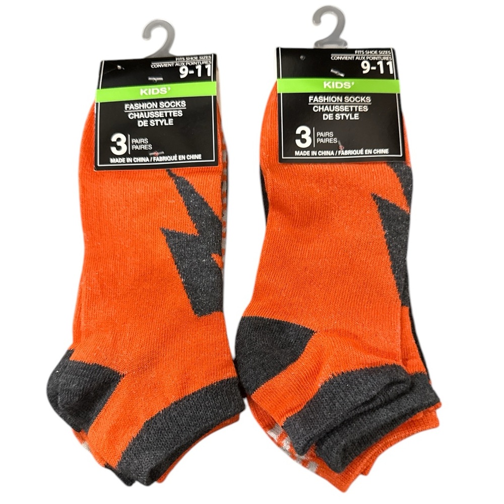 Kids' Fashion Socks - Orange and Gray - NWT - Size 9-11 - 6 Pairs - Lightning